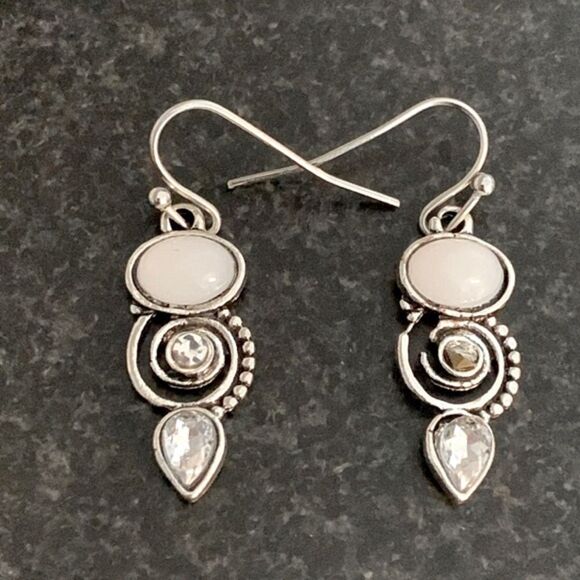 Vintage Style Faux Opal & Silver Dangle Drop Earrings - Boho Bohemian Chic NEW - Picture 3 of 8
